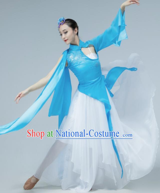 Chinese Stage Performance Costume Classical Dance Blue Dress Women Group Dance Garment Fan Dance Clothing