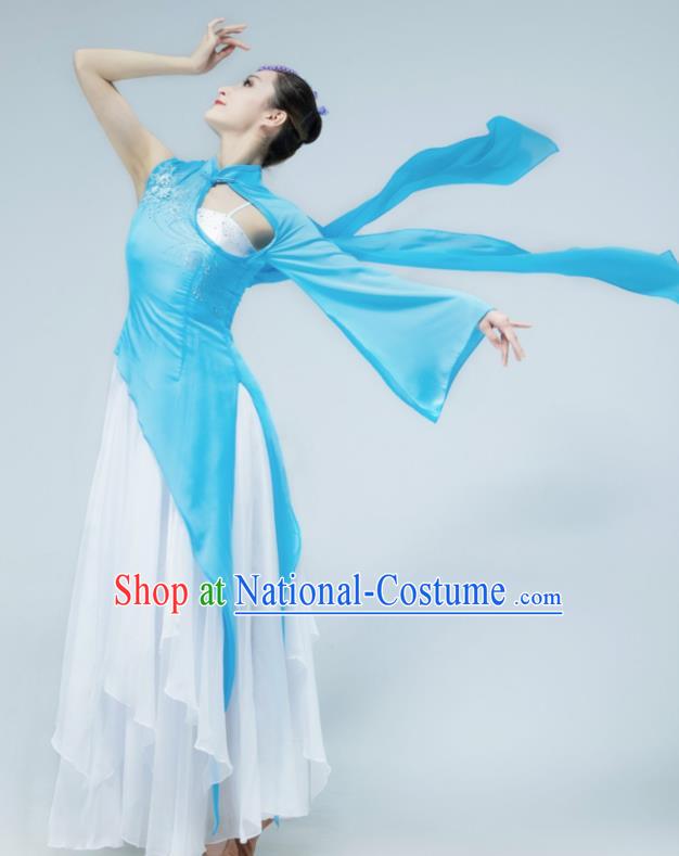 Chinese Stage Performance Costume Classical Dance Blue Dress Women Group Dance Garment Fan Dance Clothing