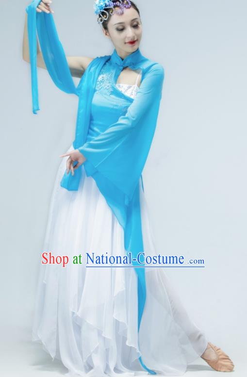 Chinese Stage Performance Costume Classical Dance Blue Dress Women Group Dance Garment Fan Dance Clothing