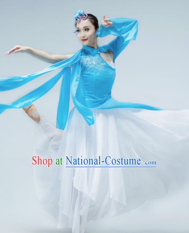 Chinese Stage Performance Costume Classical Dance Blue Dress Women Group Dance Garment Fan Dance Clothing