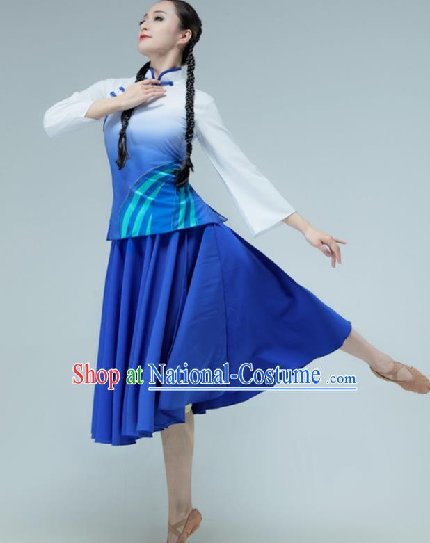 Chinese Ballet Dance Clothing Stage Performance Costume Modern Dance Blue Dress Women Group Dance Garment