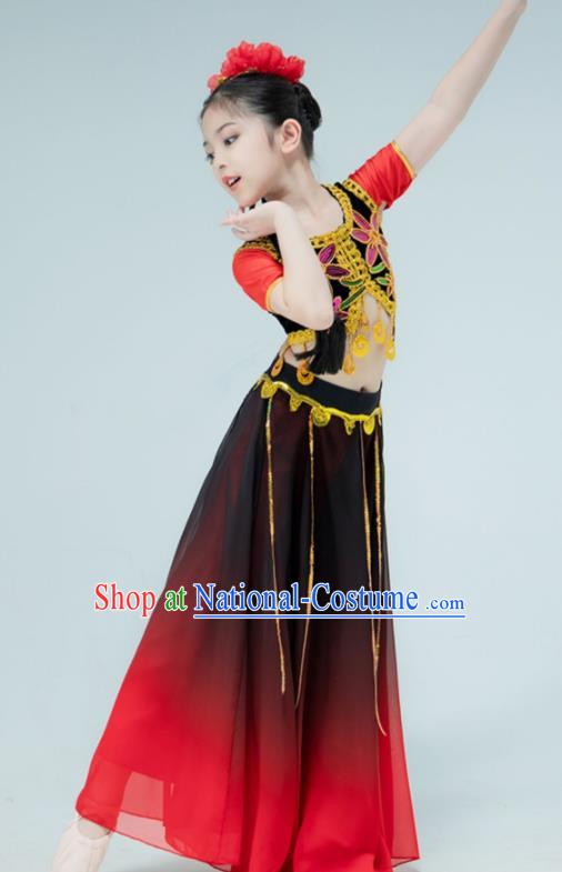 Chinese Xinjiang Dance Red Dress Outfit Uyghur Nationality Dance Garment Children Dance Clothing Stage Performance Costume