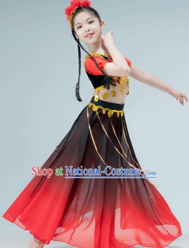 Chinese Xinjiang Dance Red Dress Outfit Uyghur Nationality Dance Garment Children Dance Clothing Stage Performance Costume