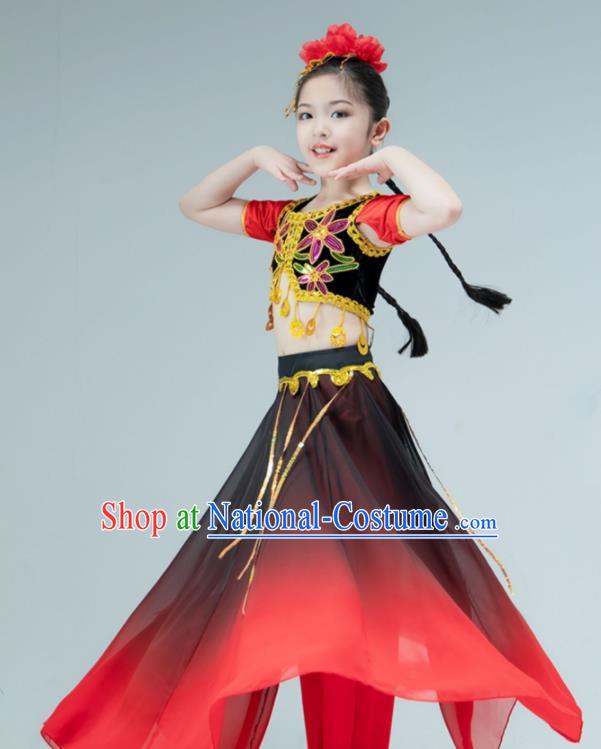 Chinese Xinjiang Dance Red Dress Outfit Uyghur Nationality Dance Garment Children Dance Clothing Stage Performance Costume