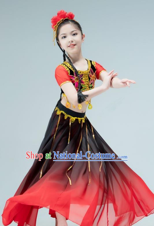 Chinese Xinjiang Dance Red Dress Outfit Uyghur Nationality Dance Garment Children Dance Clothing Stage Performance Costume