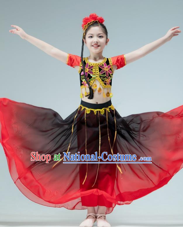 Chinese Xinjiang Dance Red Dress Outfit Uyghur Nationality Dance Garment Children Dance Clothing Stage Performance Costume