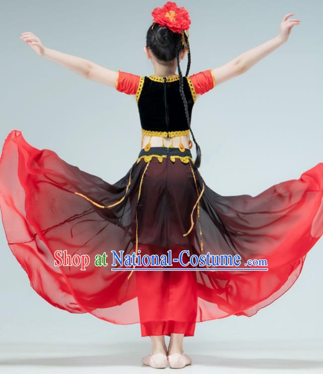 Chinese Xinjiang Dance Red Dress Outfit Uyghur Nationality Dance Garment Children Dance Clothing Stage Performance Costume