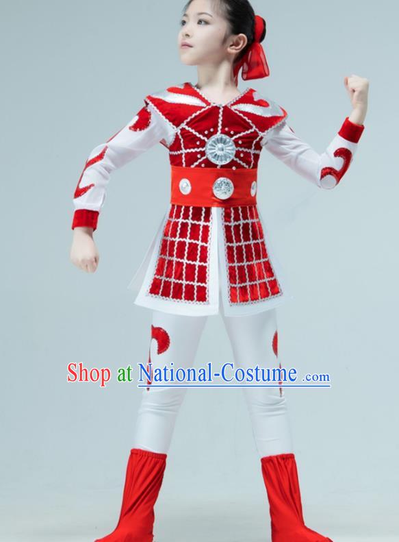 Chinese Stage Performance Costume Hua Mulan Dance Red Outfit Classical Dance Garment Children Warrior Dance Clothing