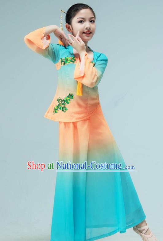 Chinese Classical Dance Dress Fan Dance Blue Outfit Children Dance Clothing Stage Performance Costume