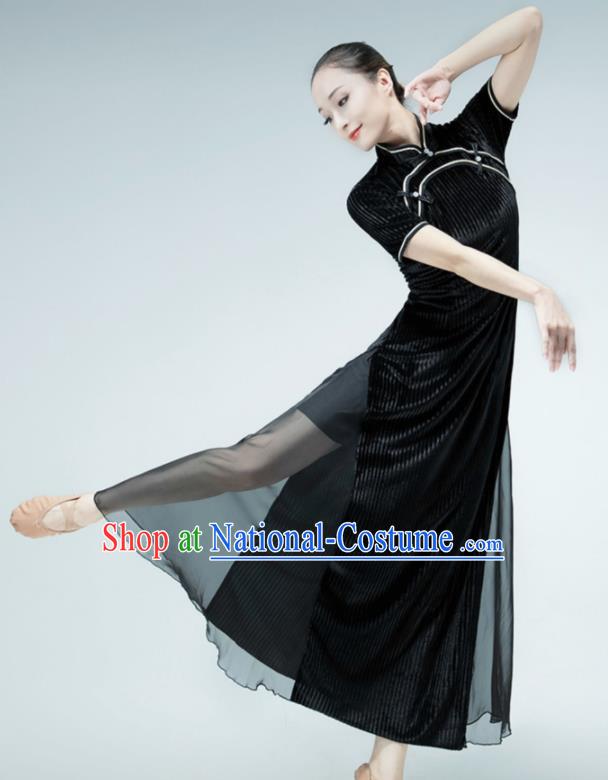 Chinese Woman Solo Dance Black Qipao Ballet Dance Clothing Stage Performance Costume Classical Dance Dress