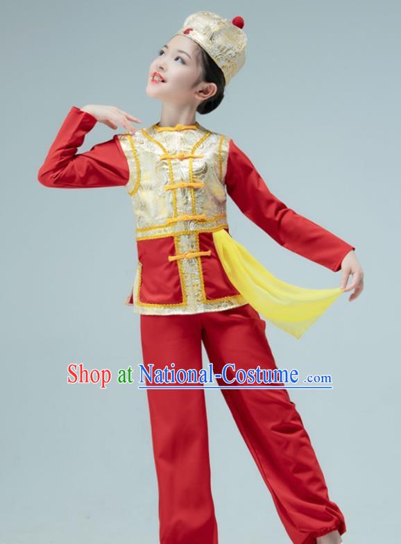 Chinese Folk Dance Red Outfit Children Group Dance Garments Yangko Dance Clothing Stage Performance Costume