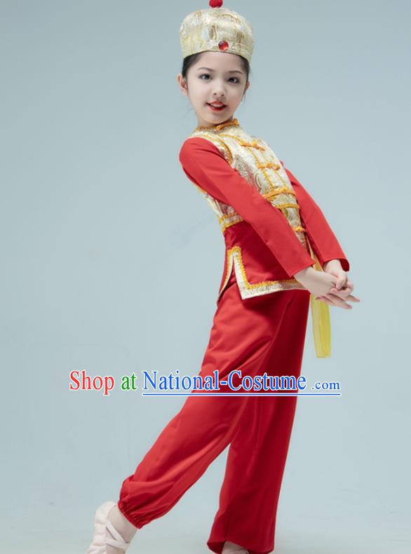 Chinese Folk Dance Red Outfit Children Group Dance Garments Yangko Dance Clothing Stage Performance Costume