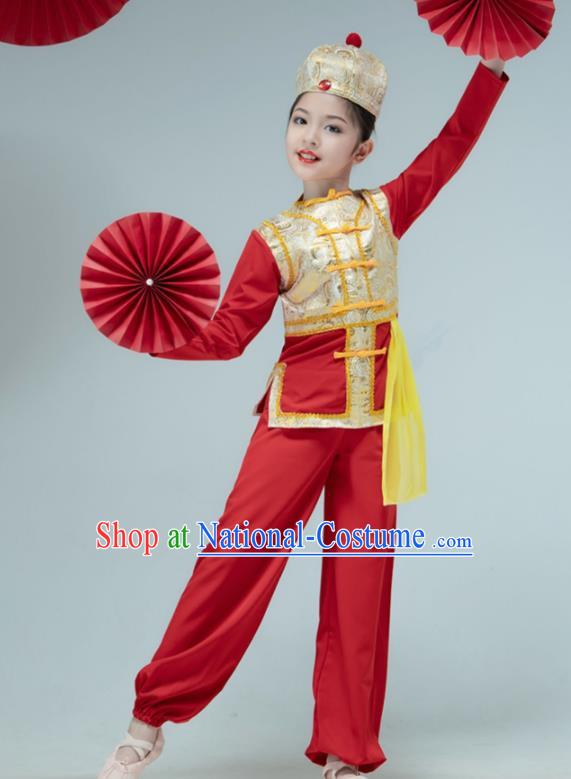 Chinese Folk Dance Red Outfit Children Group Dance Garments Yangko Dance Clothing Stage Performance Costume