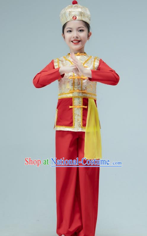 Chinese Folk Dance Red Outfit Children Group Dance Garments Yangko Dance Clothing Stage Performance Costume