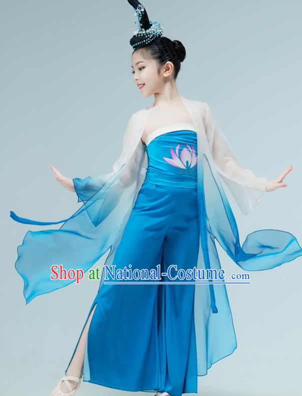 Chinese Stage Performance Costume Classical Dance Blue Outfit Children Fan Dance Garments Lotus Dance Clothing