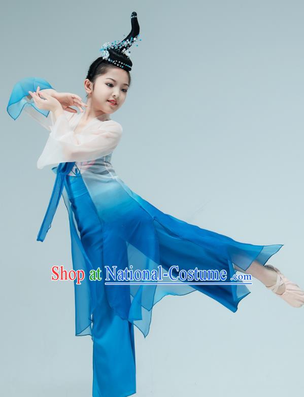 Chinese Stage Performance Costume Classical Dance Blue Outfit Children Fan Dance Garments Lotus Dance Clothing