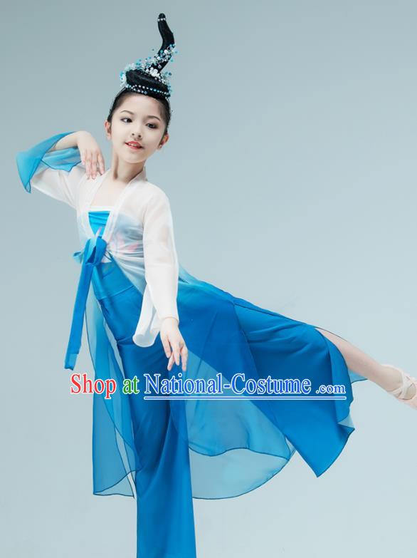 Chinese Stage Performance Costume Classical Dance Blue Outfit Children Fan Dance Garments Lotus Dance Clothing