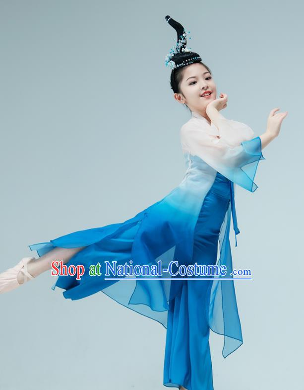 Chinese Stage Performance Costume Classical Dance Blue Outfit Children Fan Dance Garments Lotus Dance Clothing