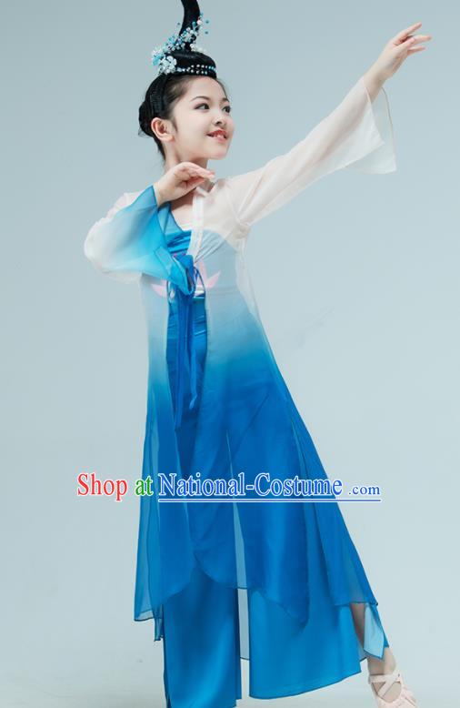 Chinese Stage Performance Costume Classical Dance Blue Outfit Children Fan Dance Garments Lotus Dance Clothing