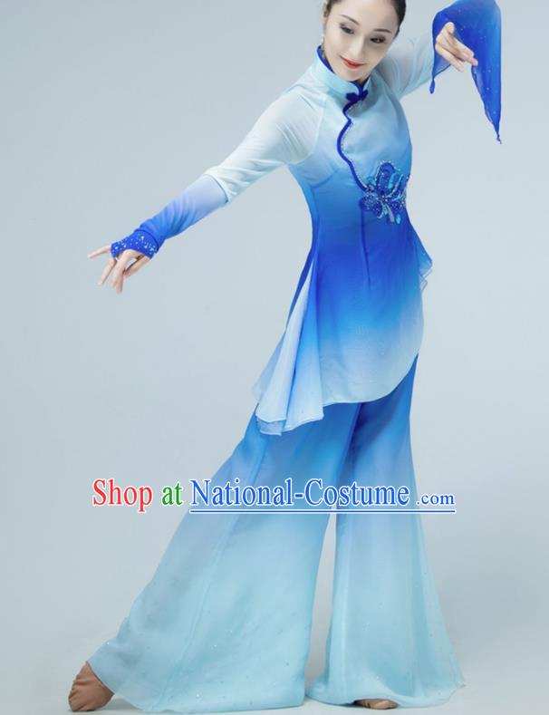 Chinese Yangko Dance Clothing Stage Performance Costume Folk Dance Blue Outfit Fan Dance Garments