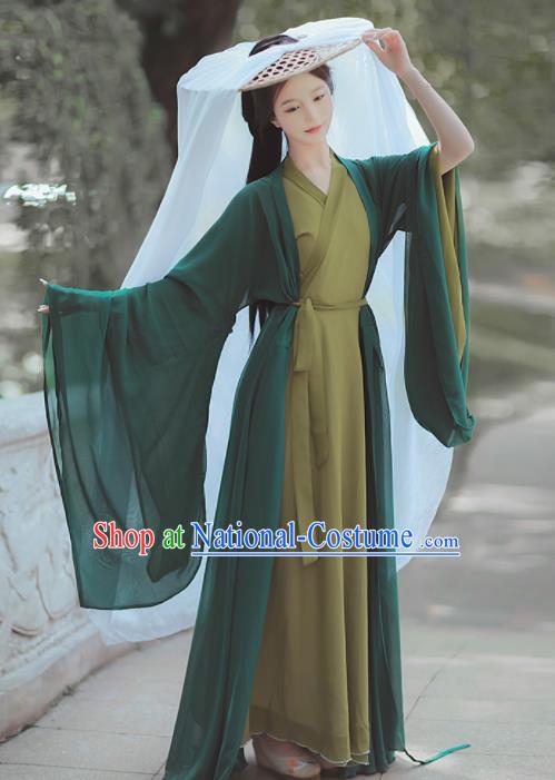 Chinese Jin Dynasty Young Lady Costumes Traditional Green Hanfu Dress Ancient Female Swordsman Clothing