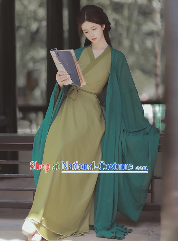 Chinese Jin Dynasty Young Lady Costumes Traditional Green Hanfu Dress Ancient Female Swordsman Clothing