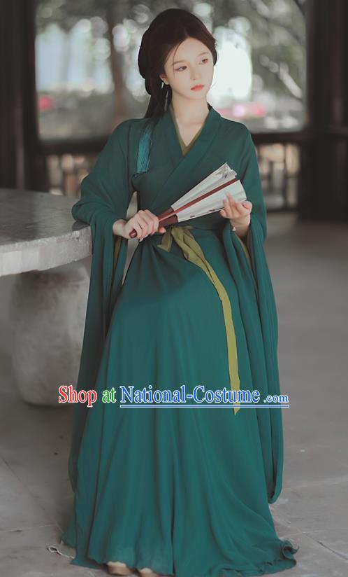 Chinese Jin Dynasty Young Lady Costumes Traditional Green Hanfu Dress Ancient Female Swordsman Clothing