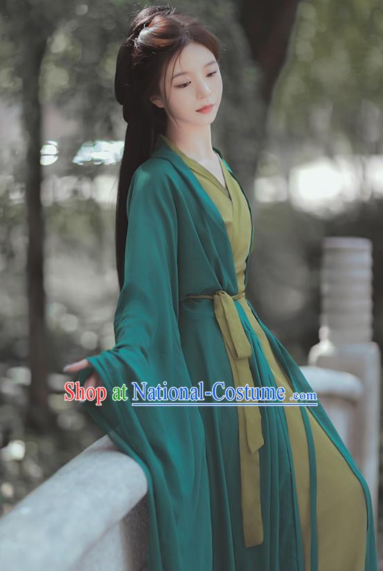 Chinese Jin Dynasty Young Lady Costumes Traditional Green Hanfu Dress Ancient Female Swordsman Clothing