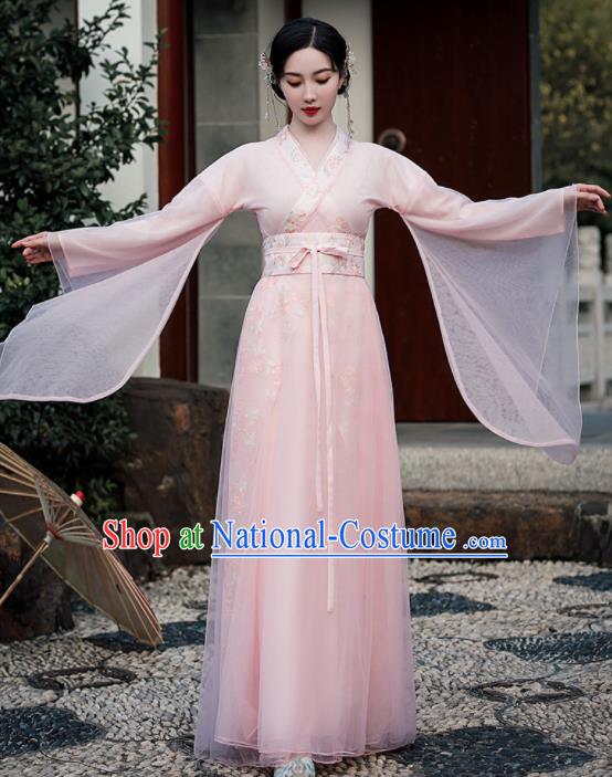 Chinese Traditional Pink Hanfu Dress Jin Dynasty Young Lady Clothing Ancient Princess Garment Costumes