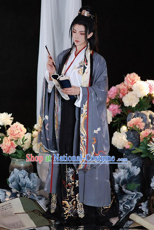 Jin Dynasty Young Childe Garment Costumes Chinese Ancient Prince Clothing Embroidered Hanfu Grey Outfits Complete Set