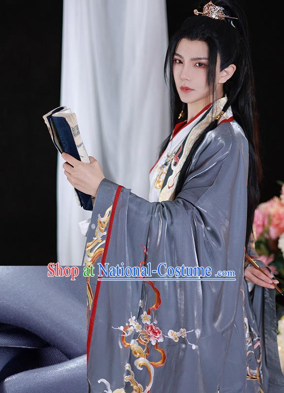 Jin Dynasty Young Childe Garment Costumes Chinese Ancient Prince Clothing Embroidered Hanfu Grey Outfits Complete Set