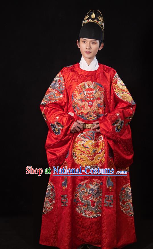 Chinese Embroidered Hanfu Wedding Robe Outfits Ming Dynasty Groom Garment Costumes Ancient Emperor Clothing