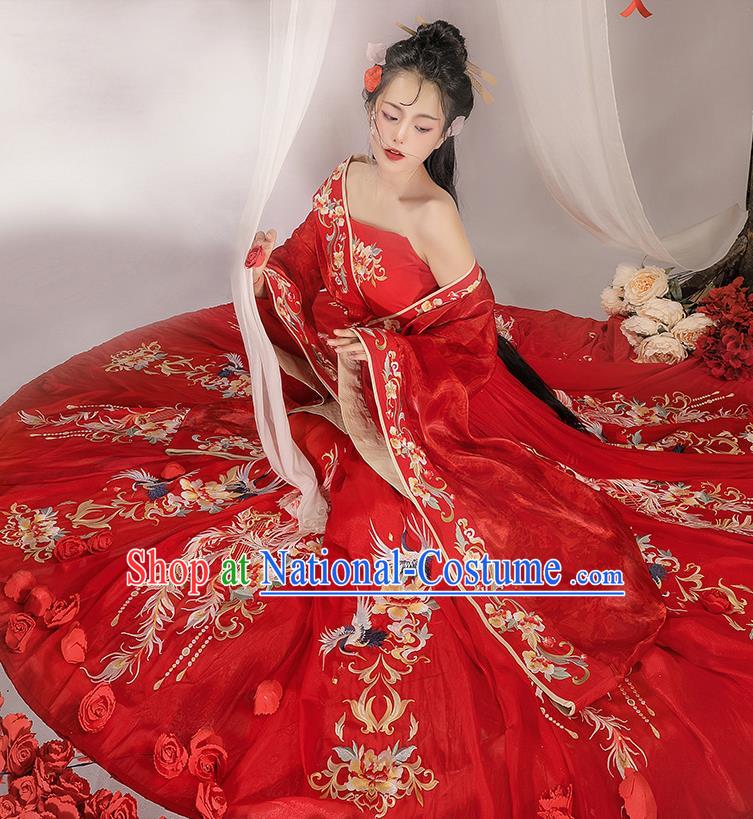 Chinese Jin Dynasty Bride Garment Costumes Ancient Royal Princess Clothing Embroidered Red Hanfu Wedding Dresses