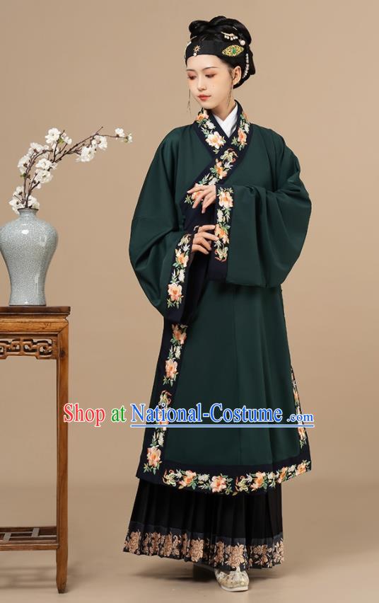 Chinese Traditional Historical Costumes Ming Dynasty Noble Woman Clothing Ancient Countess Dark Green Long Gown and Skirt Complete Set