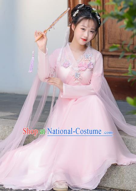 Chinese Ancient Fairy Pink Dress Clothing Traditional Garment Costume