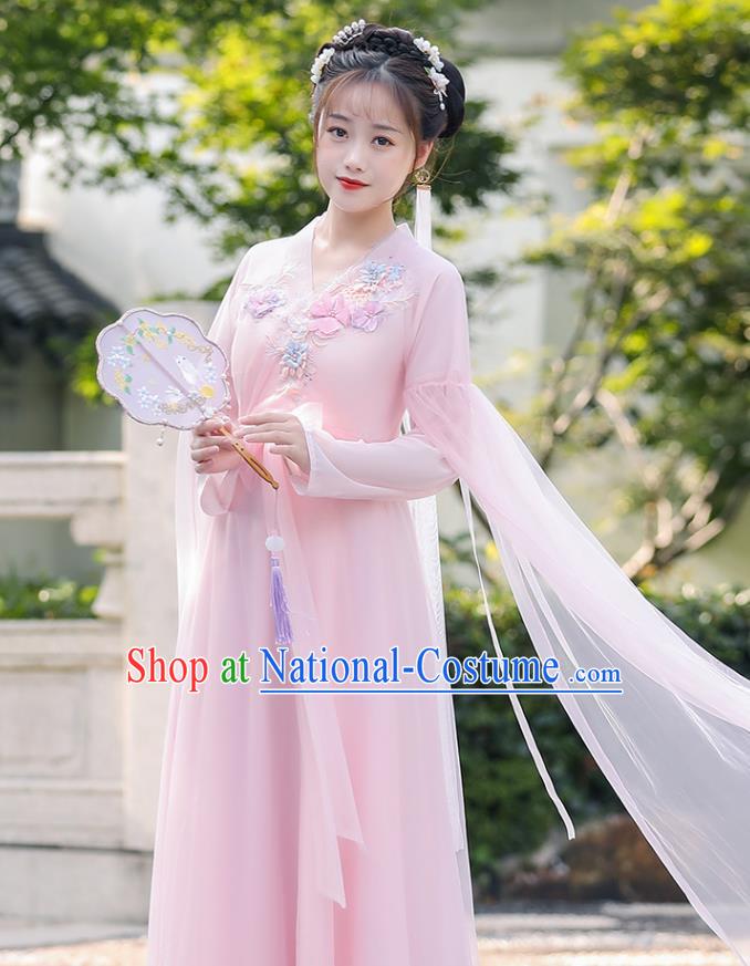 Chinese Ancient Fairy Pink Dress Clothing Traditional Garment Costume