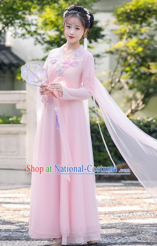 Chinese Ancient Fairy Pink Dress Clothing Traditional Garment Costume