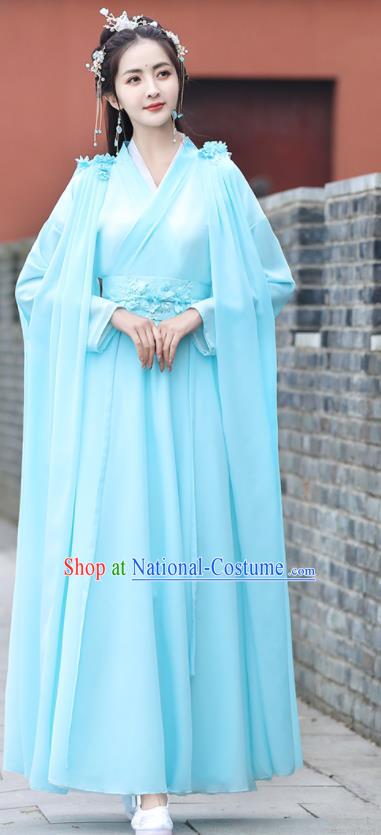 Chinese Ancient Princess Blue Dress Clothing Traditional Costume Drama Fairy Garment