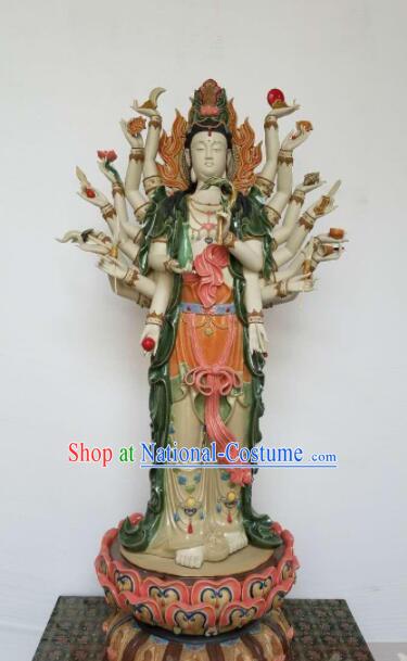 Handmade 46 inches Thousands Hands Guanyin Statue Arts Chinese Buddha Porcelain Sculpture Shi Wan Guan Yin Ceramic Figurine