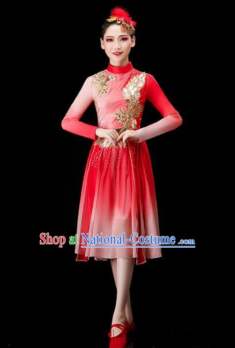 Chinese Modern Dance Clothing Chorus Group Red Dress Women Opening Dance Costume