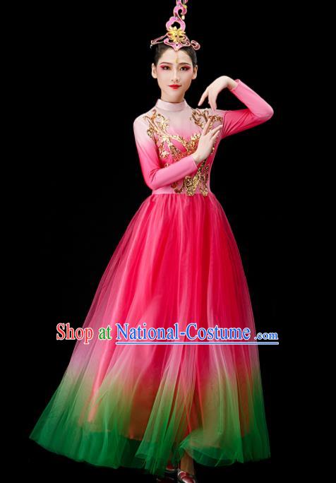 Chinese Women Group Dance Costume Modern Dance Clothing Opening Dance Megenta Dress