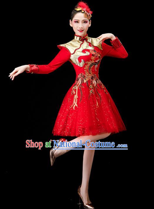 Chinese Drum Dance Red Dress Women Group Dance Costume Modern Dance Clothing