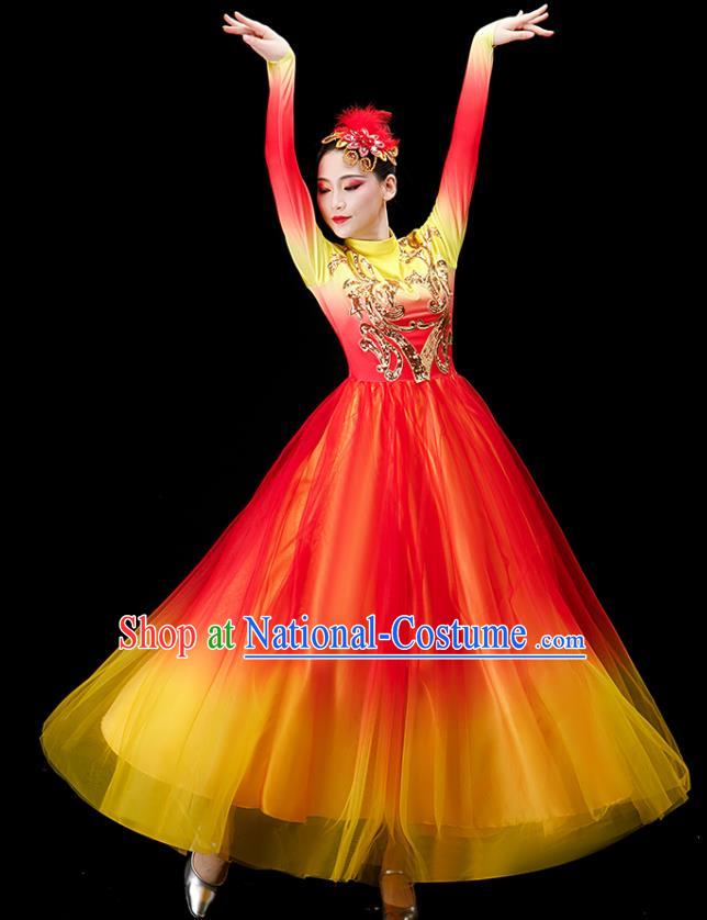 Chinese Modern Dance Clothing Stage Performance Red Dress Women Group Dance Costume