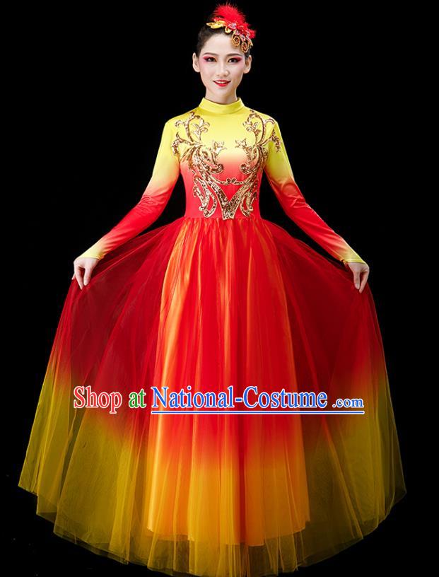 Chinese Modern Dance Clothing Stage Performance Red Dress Women Group Dance Costume