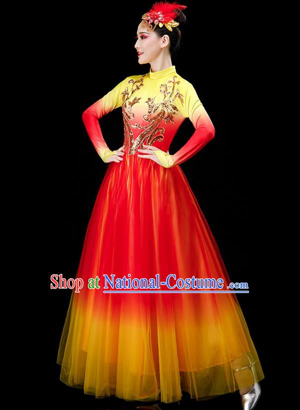 Chinese Modern Dance Clothing Stage Performance Red Dress Women Group Dance Costume