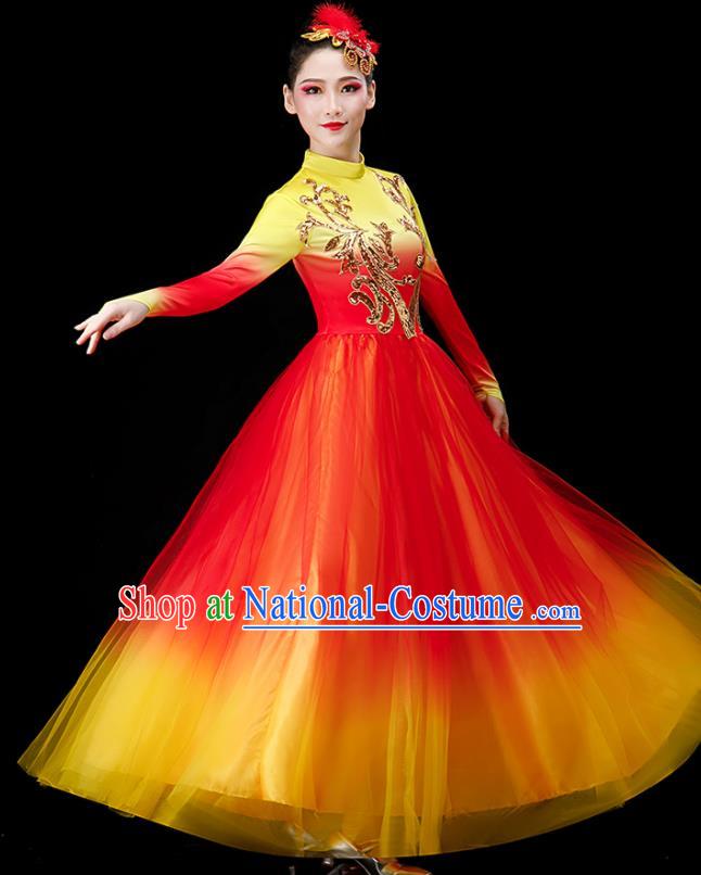 Chinese Modern Dance Clothing Stage Performance Red Dress Women Group Dance Costume