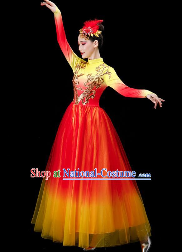 Chinese Modern Dance Clothing Stage Performance Red Dress Women Group Dance Costume