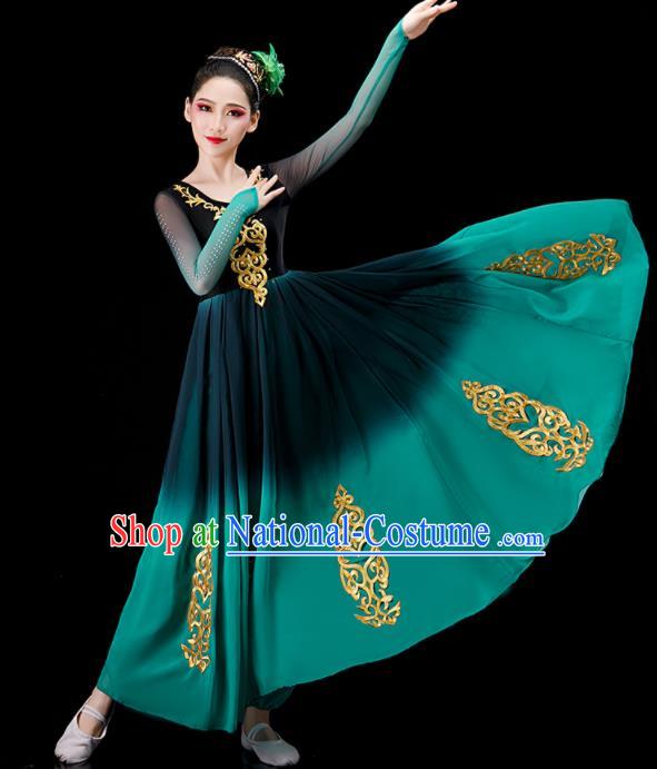 Chinese Stage Performance Green Dress Ethnic Women Dance Costume Xinjiang Uyghur Nationality Dance Clothing