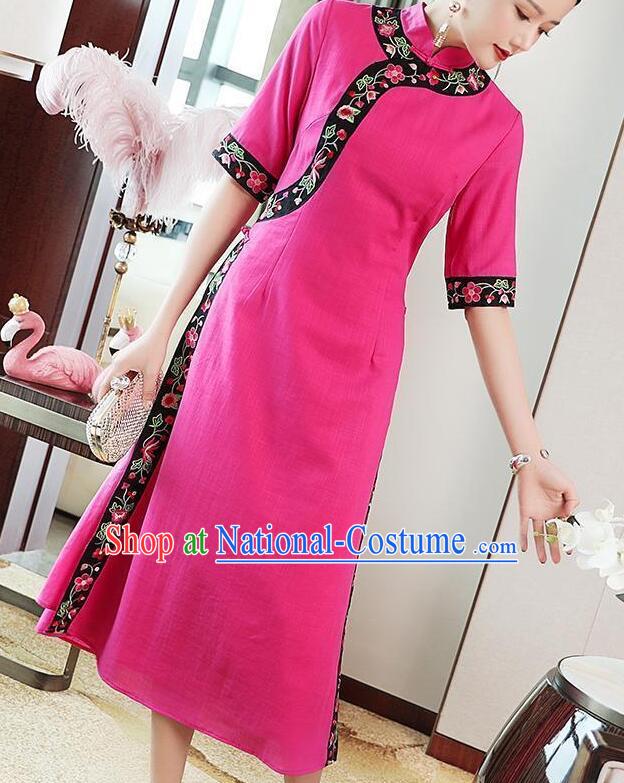 Chinese Traditional Cheongsam Embroidered Megenta Dress Aodai Qipao