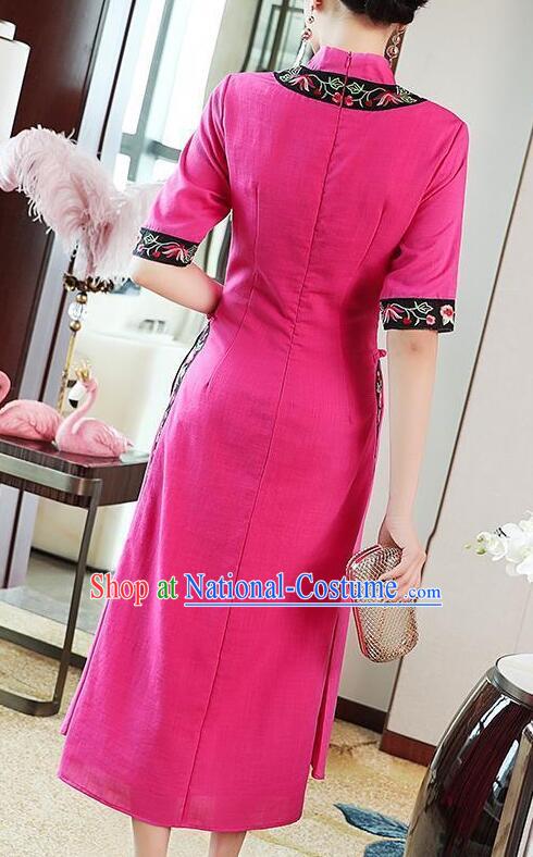 Chinese Traditional Cheongsam Embroidered Megenta Dress Aodai Qipao